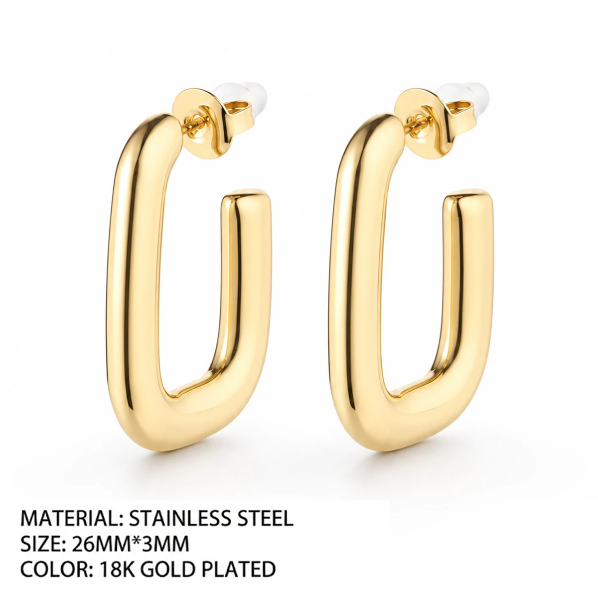 18K Gold Plated U Shaped Hoop Earrings Stainless Steel Chunky Rectangle Geometric Open Hoops Loop Earring Jewelry For Women view 6