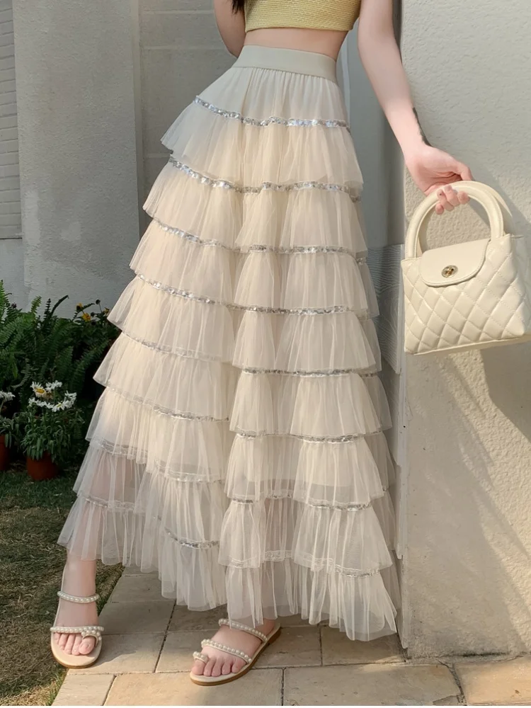 SMTHMA Mode Kuchen Rock Neue Frühling Sommer Layered Mesh Hohe Lose Enge Taille Süße Weiße Prinzessin Langen Rock