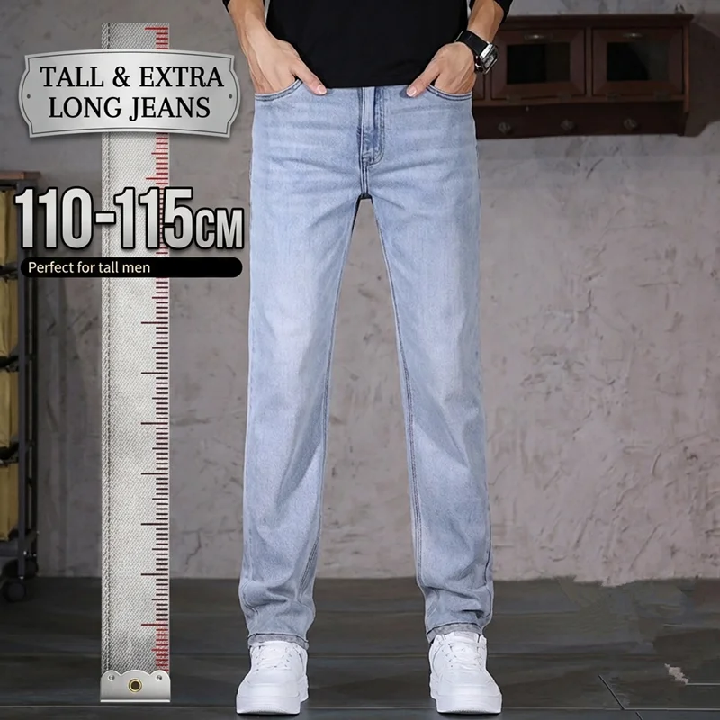 190CM Tall Men Jeans Extra Long 110CM 115CM Spring Stretched Overlong Students Slim Fit Denim Pants Male Straight Boys Trousers