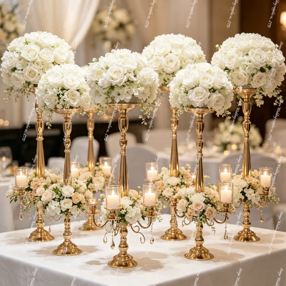 4-10pcs 70-120cm  Gold Flower Vases for Centerpieces, Tall Metal Flower Vases with Chandelier Crystal, Flower Stand for Wedding