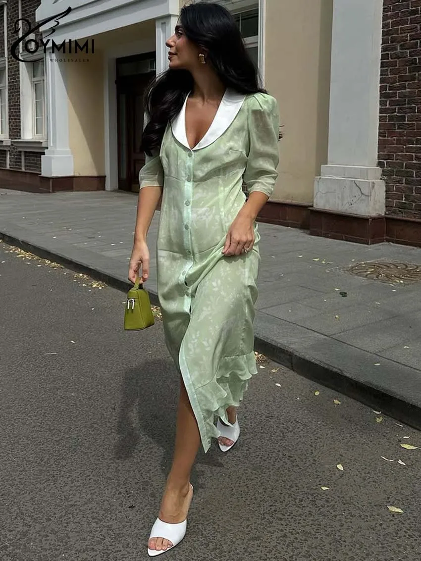 Oymimi moda vestidos estampados verdes 2025 mujer elegante Patchwork vestido de manga tres cuartos otoño vestido con volantes de un solo pecho