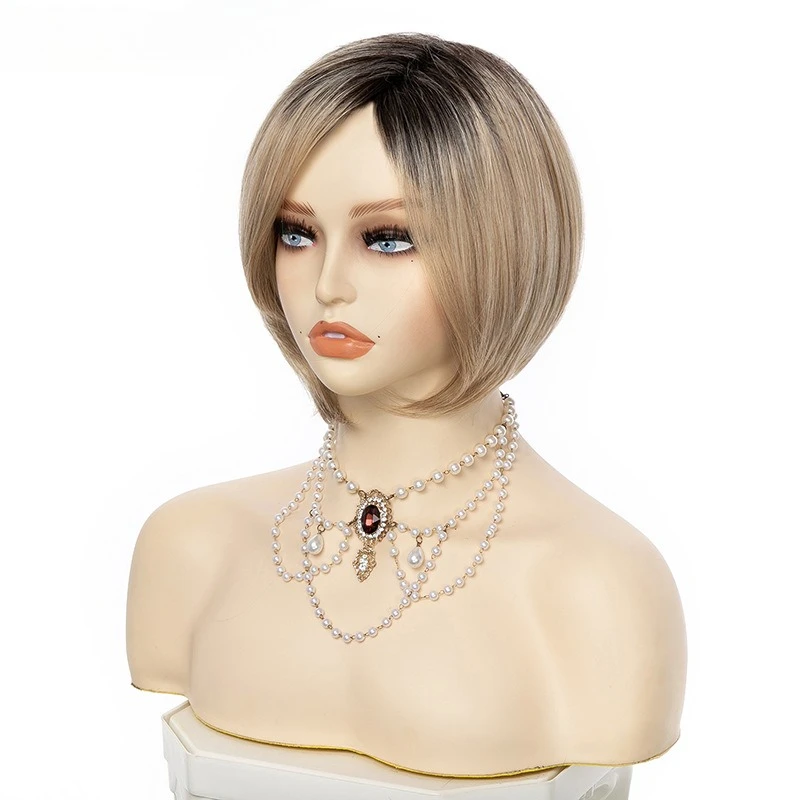 European and American fashion short straight hair Bobo oblique bangs chemical fiber high temperature silk wig women's headgear