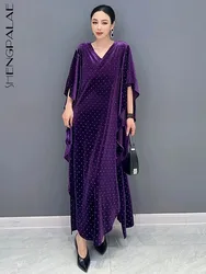 SHENGPALAE Irregular Velvet Dress For Women Korean Fashion Batwing Sleeve V-neck Dot Temperament Vestido Female Loose Robe R6163