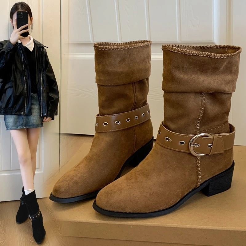 

Vintage Stack Boots Autumn New Pointed Toe Sleeve Suede Metal Buckle Soft Sole Non-Slip Mid-Tube Boots