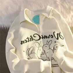 Milk rabbit embroidered waffle POLO collar sweater women's 2022 early autumn thin Korean version loose all-match top trendy y2k