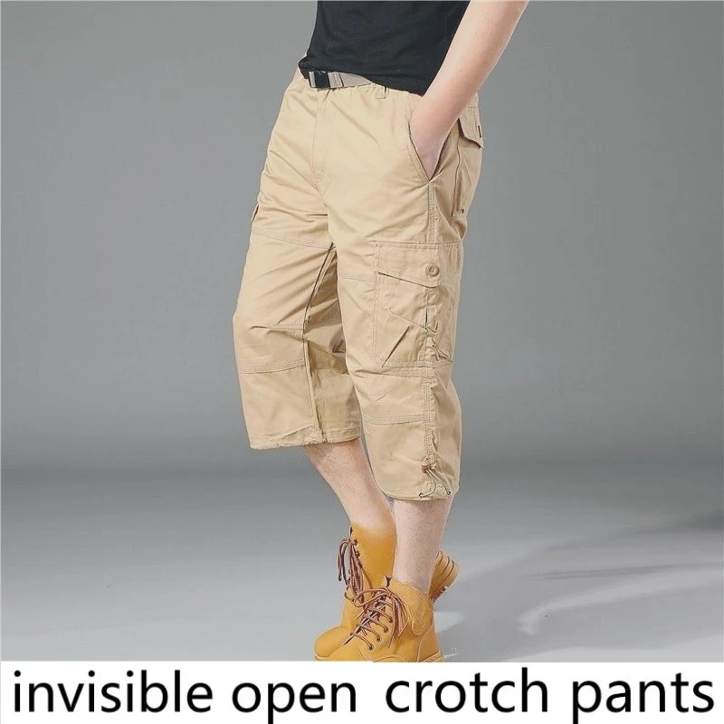 Invisible Crotch Pants Men's Shorts Outdoor Tooling Cropped Pants Men's Multi-pocket Mountaineering Camouflage Cotton Pants