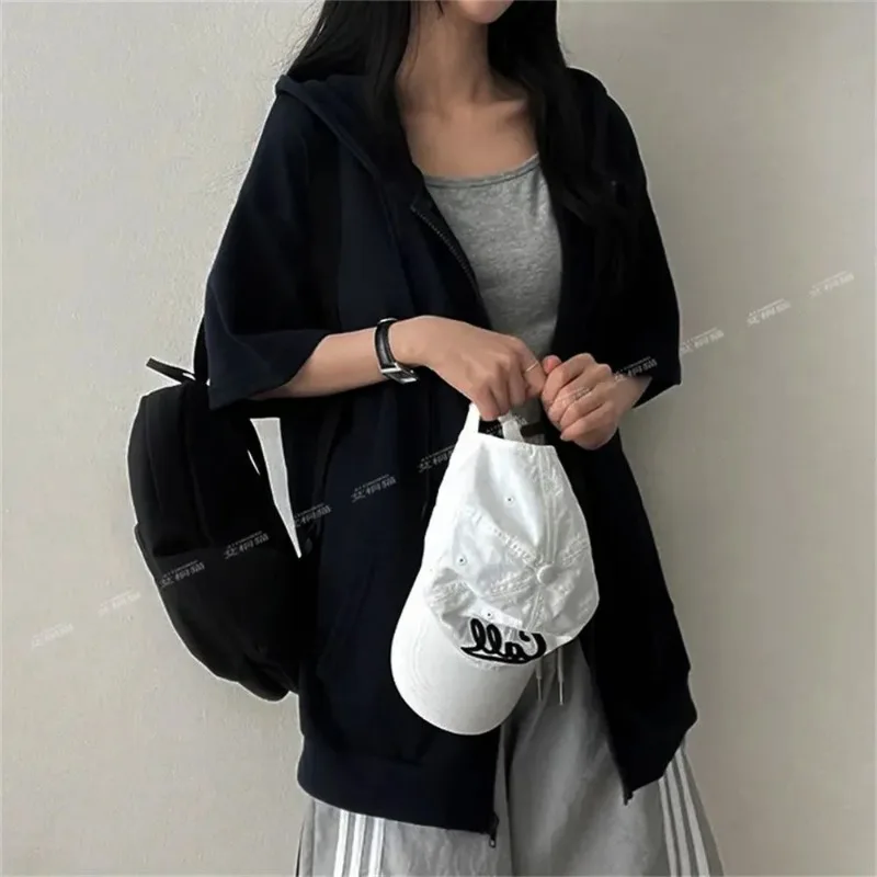 Women's Half Sleeve Zip Up Hoodie Loose Fit Casual Oversized Hooded Sweatshirt with Pockets view 3