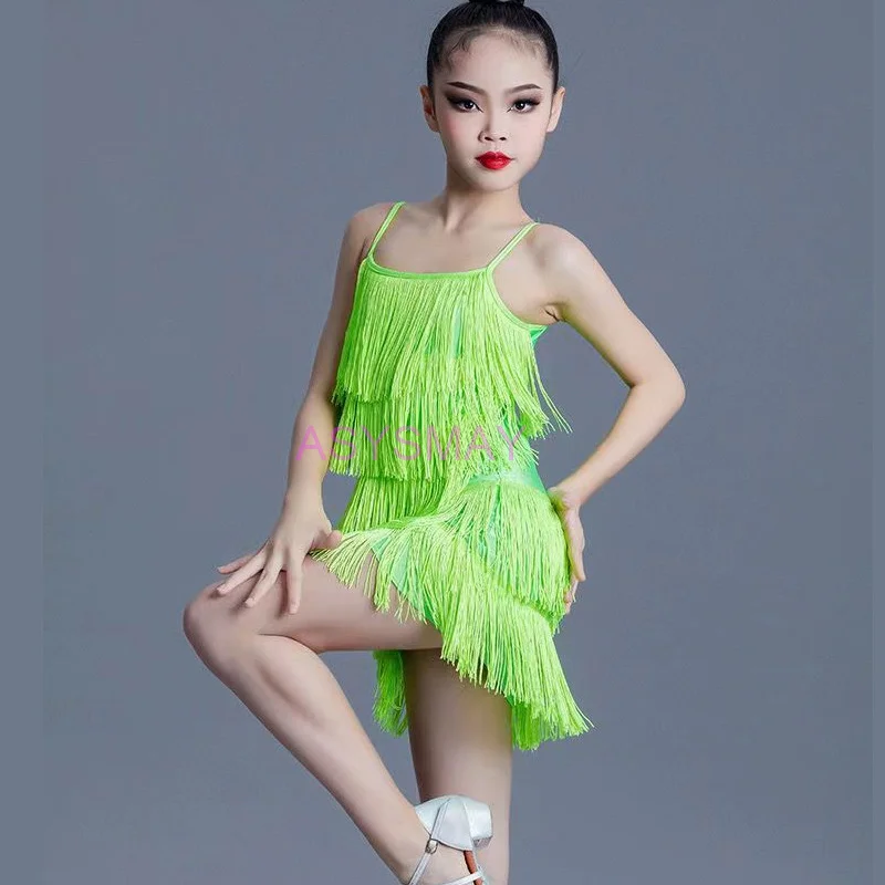 Latin Dance Kleid Für Mädchen Wettbewerb Ballsaal Tanzen Salsa Samba Tango Fransen Quaste Standard Praxis Kostüm Kind Kinder