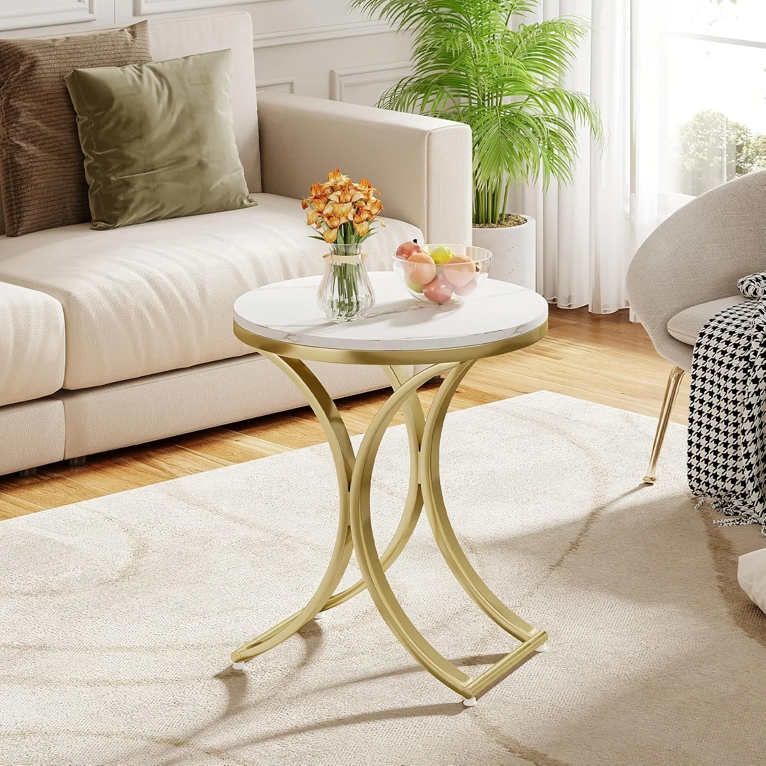 

Luxury White & Golden Round End Table with Faux Marble Top - Compact Sofa/Side Table, Metal Frame, Assembly, Space-Saving for Small Spaces, Bedside, - Modern Furniture Suitable for, Dorm, Apartment