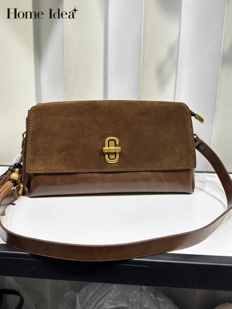 

Office Ladies Work Shoulder Bag Suede Leather Spliced Pu Crossbody Bags Hasp Flap Vintage Women Vintage Autumn Strap Sling Bag
