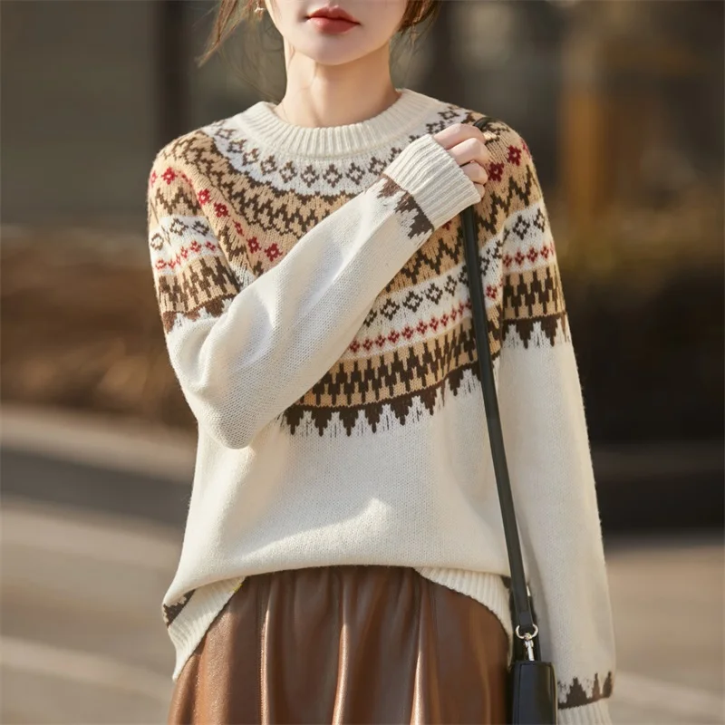 Pullover con scollo a O da donna Maglione di pura lana Twist Flower Primavera Autunno Inverno Maglieria di lana 100% Maglione jacquard Abbigliamento Top