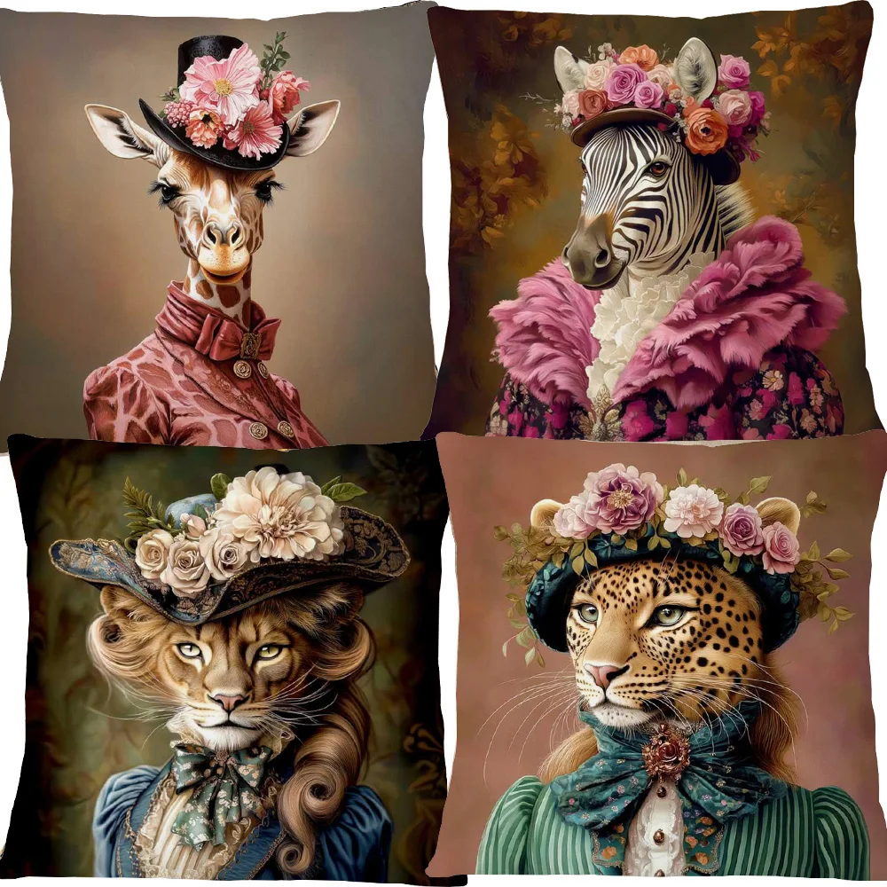 Fashion Animals Portraits Poster Zebra Tiger Leopard Lion Giraffe Fox Moose With Floral Cushion Cover Decorative Pillow Case