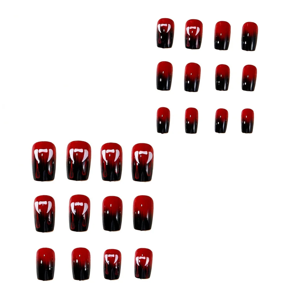 Uñas góticas con gotas de sangre para Halloween, degradado rojo y negro, cuadradas medianas, de resina 5