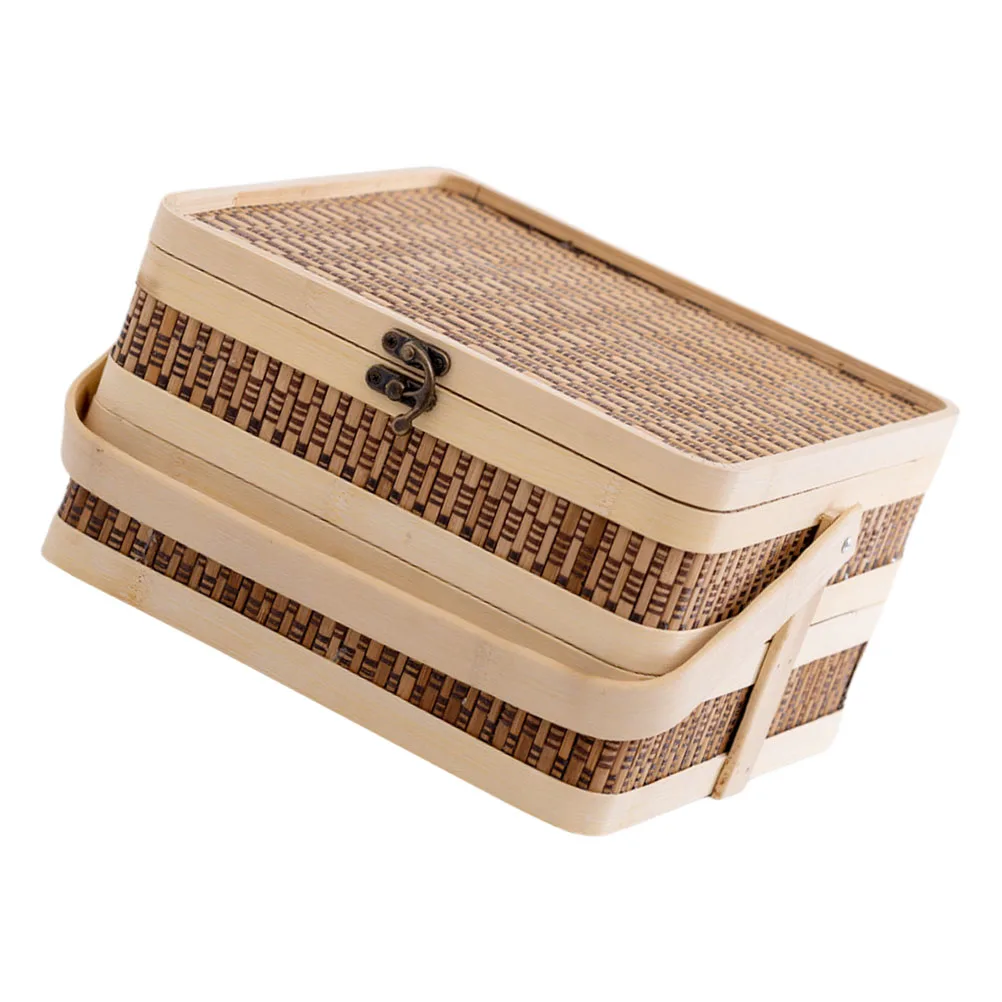 

H Woven Double Layer Bamboo Basket White Sourdough Bread Storage Holder Picnic Fruit Vegetable Snacks Party Container