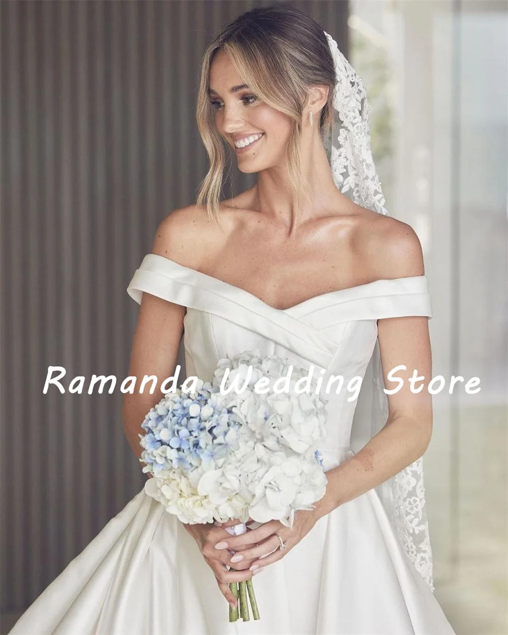 Ramanda vestidos de casamento simples fora do ombro a linha até o chão varredura trem vestidos de novia elegante vestido de noiva personalizado