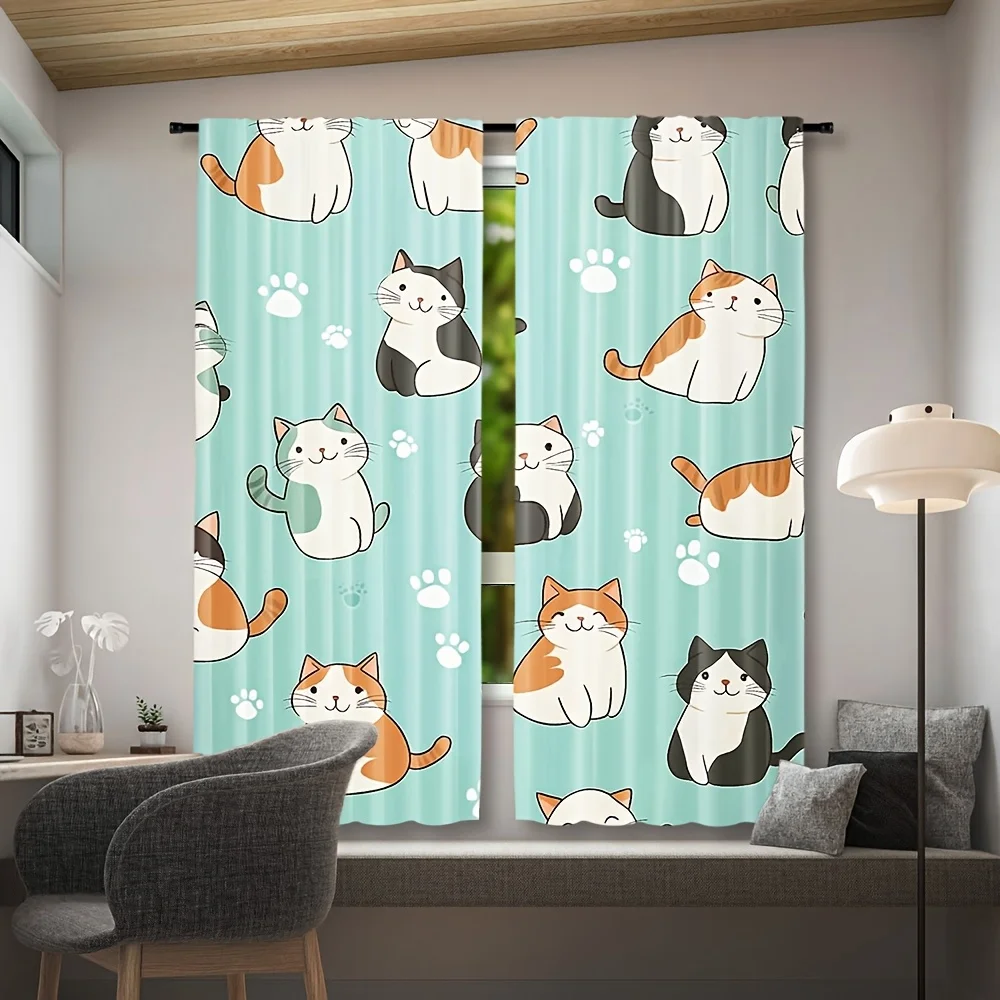 Light Cyan Stripe Multi Color Cat Blackout Rod Pocket Curtain White Paw Print Decor Pet Lover Homestay Bedroom Rest Bay Window