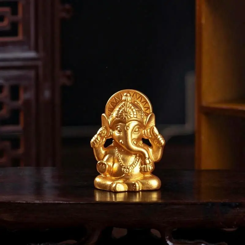 [Golden Handcrafted Ganesha Statue Delicate Carved Patterns Shiny Finish For Home Meditation Desktop Decor]