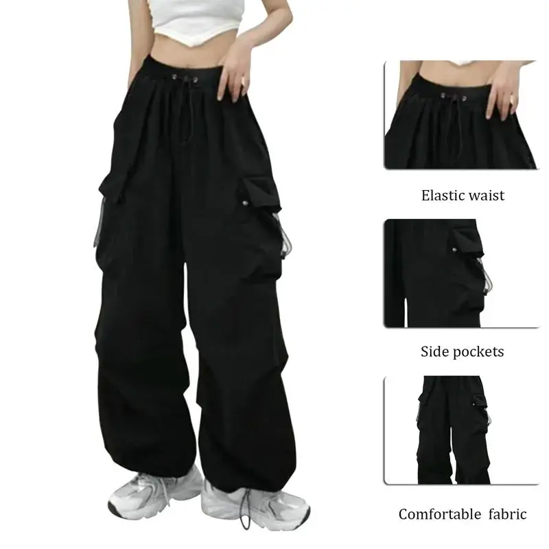 1pc Women Big Pockets Cargo Y2k High Elastic Waist Drawstring Baggy Trousers Vintage Casual Loose Side Zipper Straight Pants