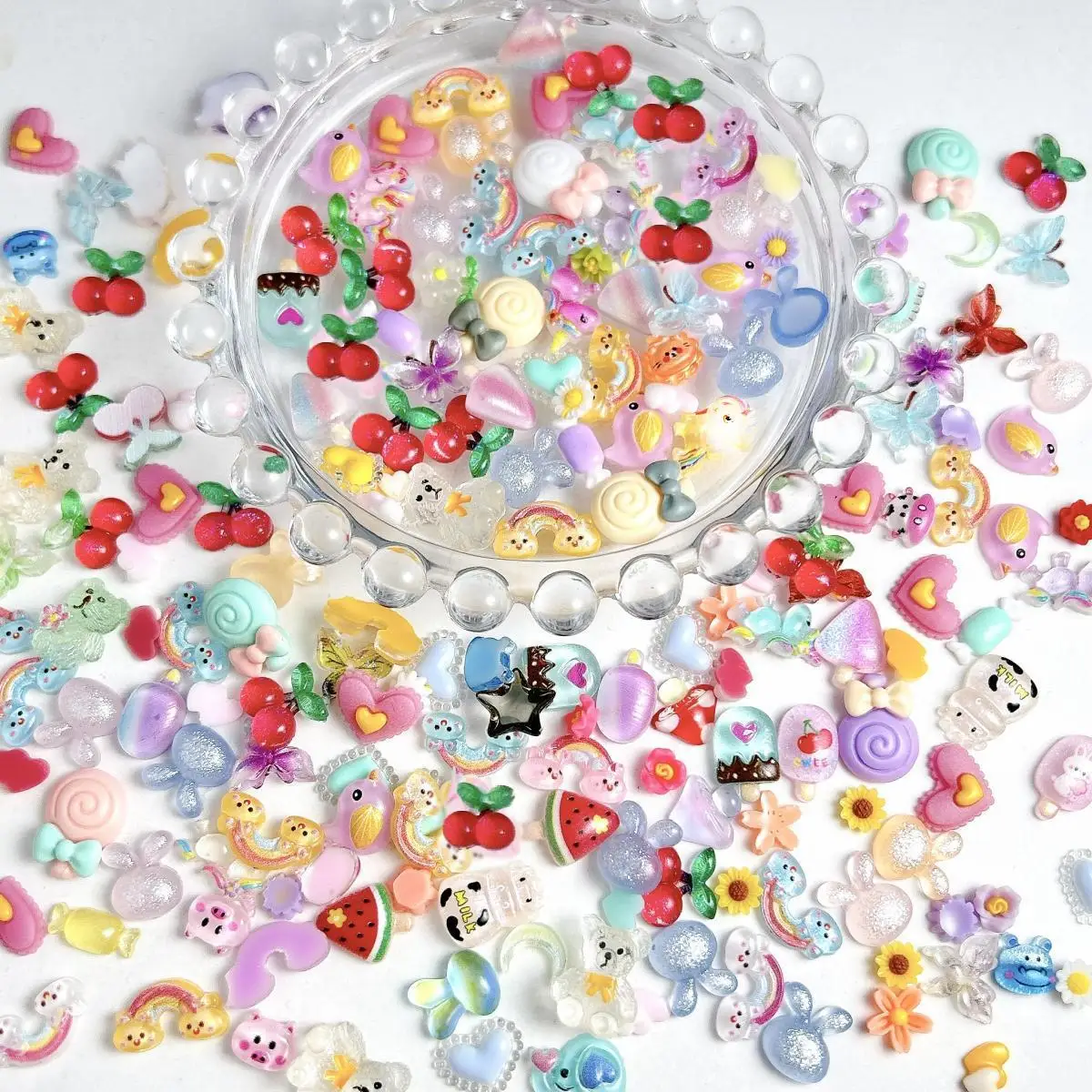 Random Mixed Resin Flower Candy Bow Nail Charms Cute Cartoon Rabbit Piggy Bird Nail Art Decoration Accessories For DIY Crafts