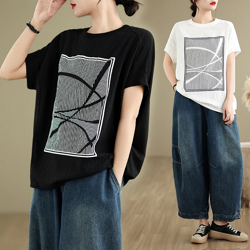 

Loose Women's round Neck Short Sleeve T-Shirt Summer New Style Printed Base Shirt Comfortable Fit Casual Fashion Artistic Style