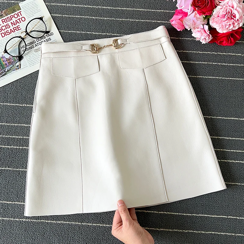 

Sheepskin genuine leather high waisted A-line buttocks wrapped skirt for women's short skirt, fashionable and slim, super hot