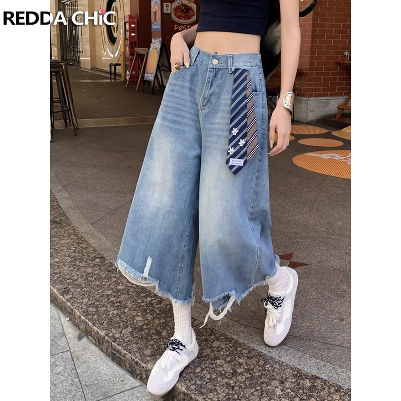 

ReddaChic винтажные лоскутные женские брюки-бермуды с галстуком, потертые потертые широкие брюки, свободные повседневные джинсовые шорты с низкой талией, уличная одежда