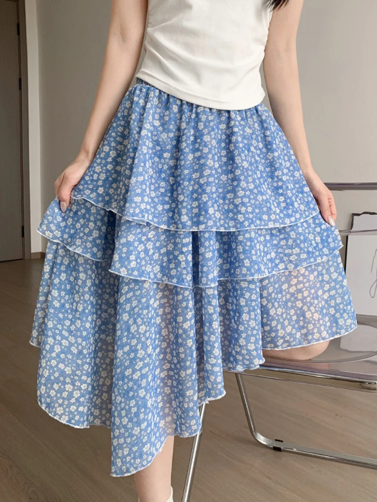 

Синяя юбка-миди с цветочным принтом для женщин: милая, элегантная, пляжная, летняя, модная, с завышенной талией, в корейском стиле, для отпуска на море, асимметричная