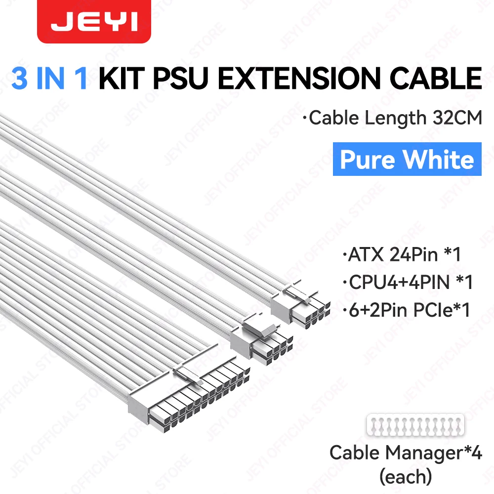 JEYI PSU-verlengkabelset - 24-pins ATX + 8-pins EPS + 6+2-pins PCIe | 18AWG koperdraad | Premium mouwen met kabelkammen