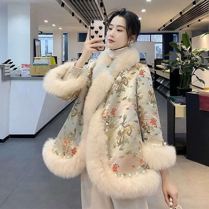 Fox Fur Faux Fur Coat Women Chinese Style Cloak Overcoat Dragon Phoenix Embroidery, Tang Suit, High Quality, New, Winter, 2024