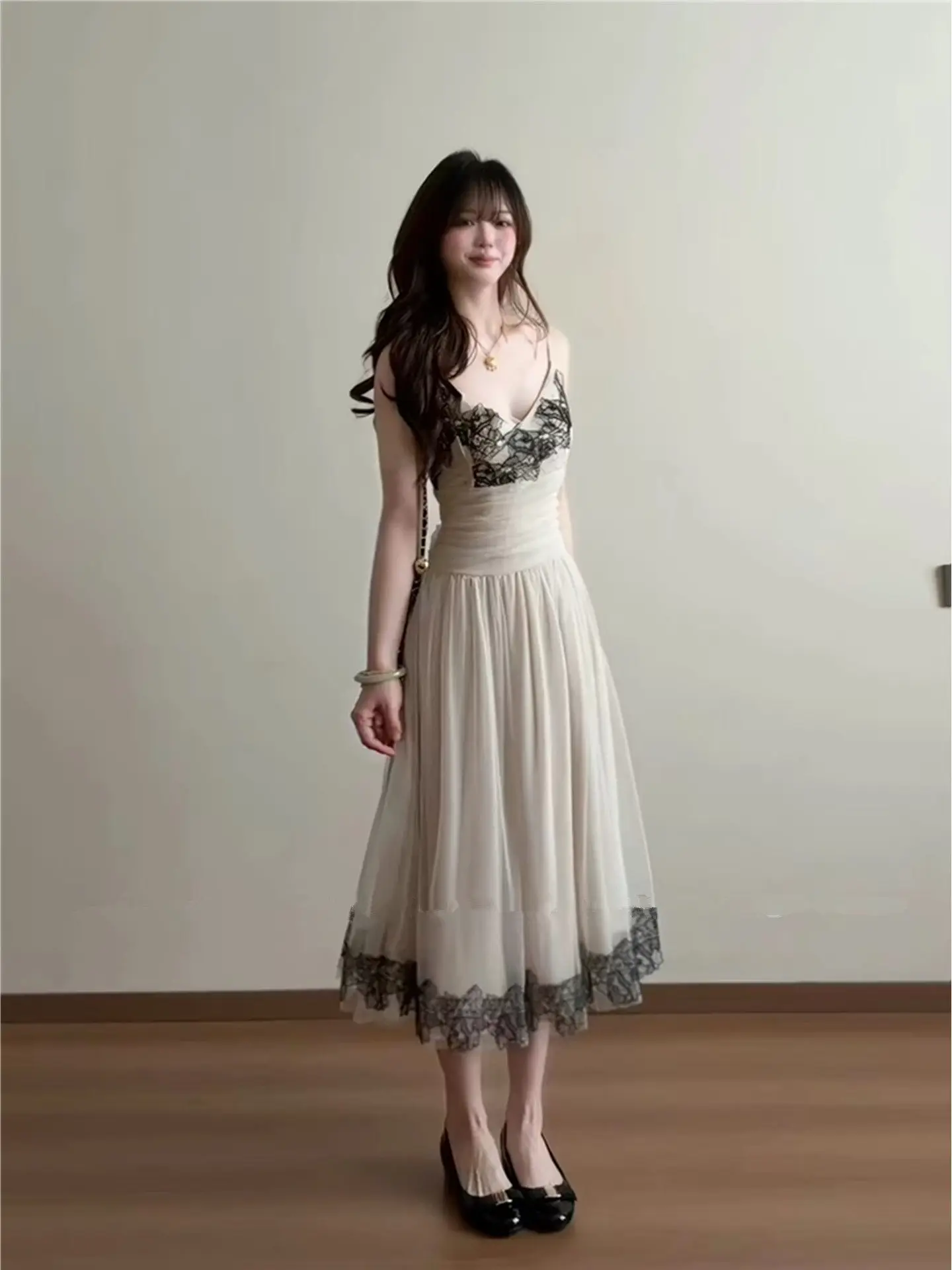 Elegant Lace Splicing Mesh Strapless Dress Women's High Waist Slimming Long Skirt Breathable Summer Fashionable French Style