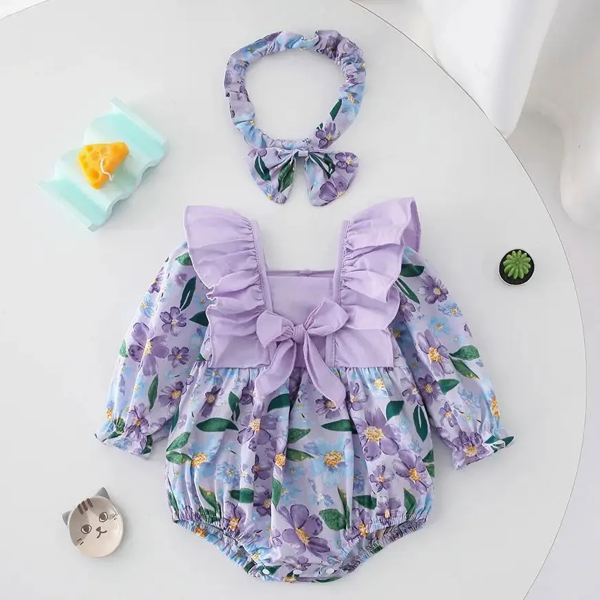 

Baby Girls Lace Romper Dress Long Sleeve Floral Embroidery Dress With Bow Headband For Toddlers Elegant Princess Outfit 3-24M