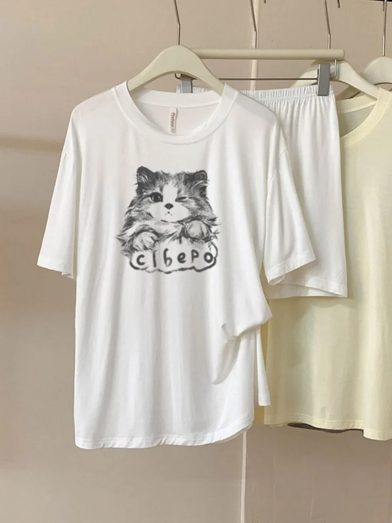 

Sd08 # Комплект из двух предметов с мультяшным котенком, двойные короткие модальные хлопковые свободные шорты с короткими рукавами, женские пижамные комплекты, новый летний комплект с круглым вырезом, повседневный ленивый стиль, женский комплект домашней 