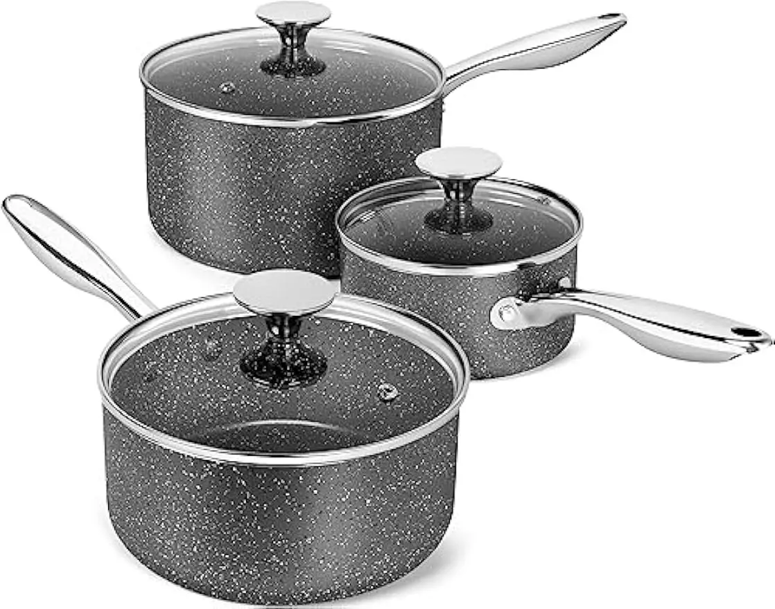 Juego de 3 cacerolas de granito, ollas pequeñas antiadherentes con tapas, 1,5 cuartos, 2 cuartos y 3 cuartos para todas las cocinas