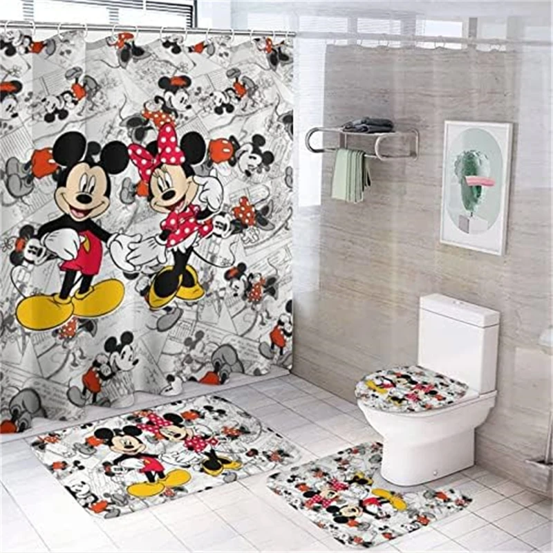 Mickey and Minnie Shower Curtain Waterproof Carpet Toilet Seat Pad Protective Floor Bathroom Bathtub Supplies Cartoon Pattern