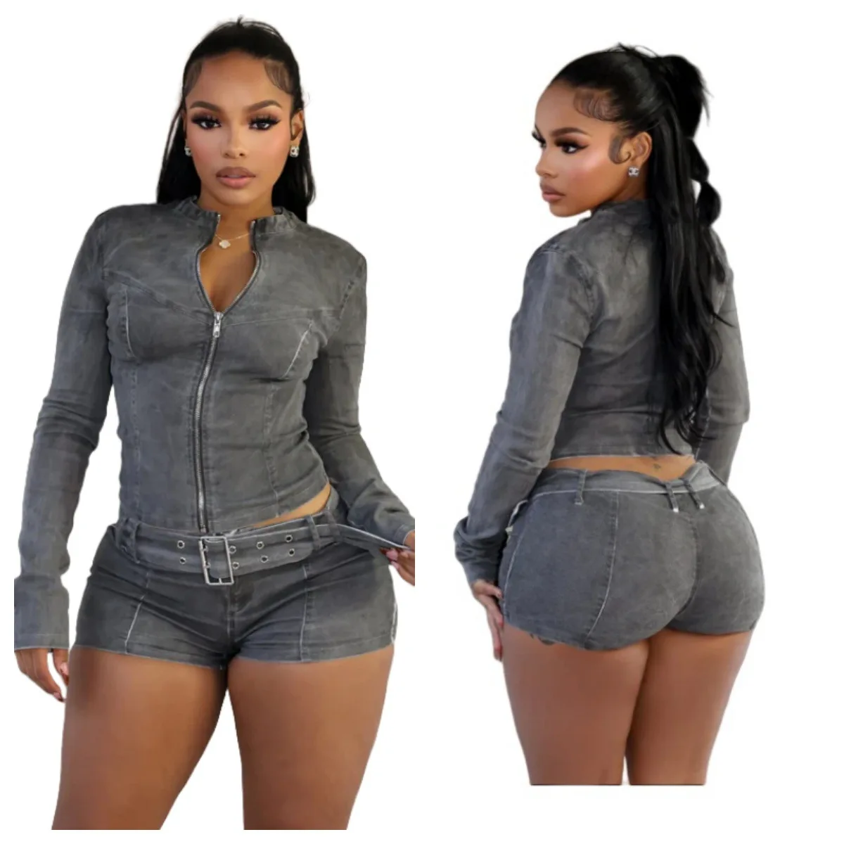 

Women Set Spring Autumn Fashion Long Sleeved Stretch Denim Crop Jacket And Short Jeans Casual Two Piece Set Women Jacket Set