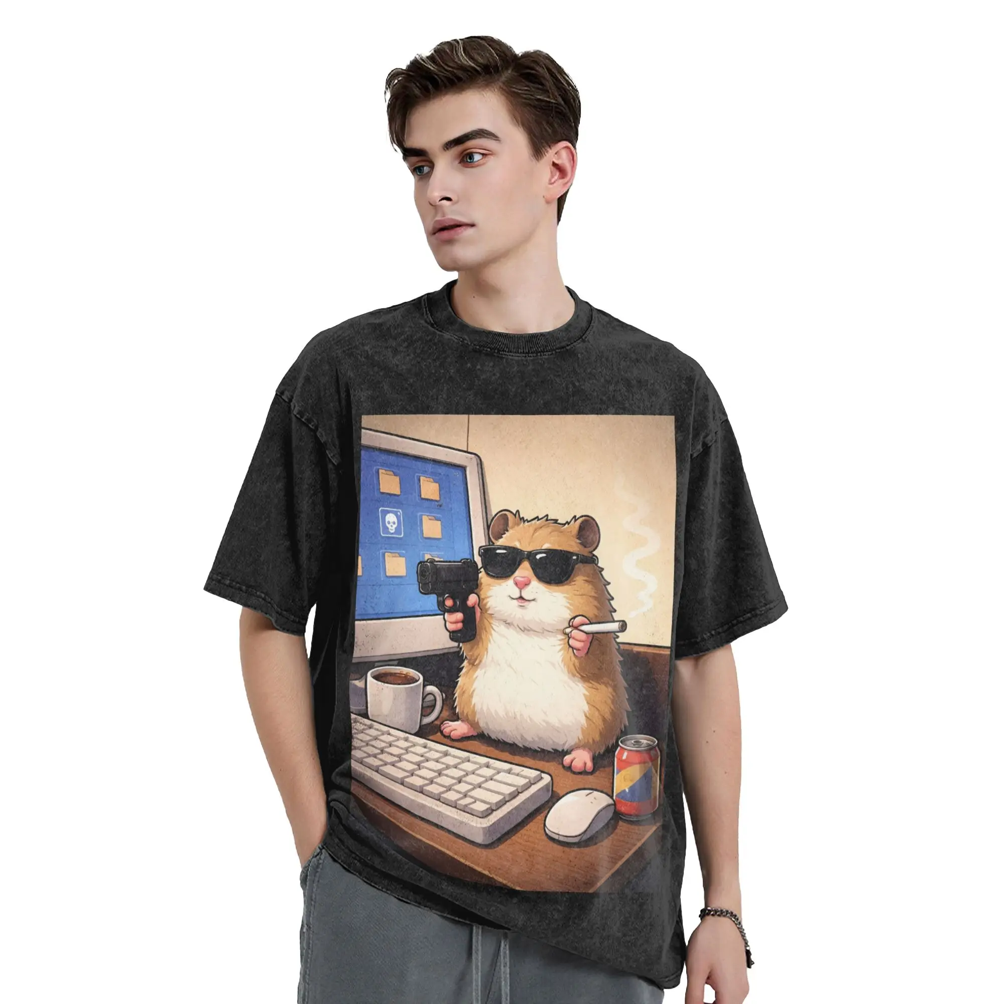Cyber Hamster Meme 90s Animal T Shirts Hip Hop Washed Cotton Harajuku T-Shirt  Novelty Men Women Top Streetwear Summer Tee Shirt