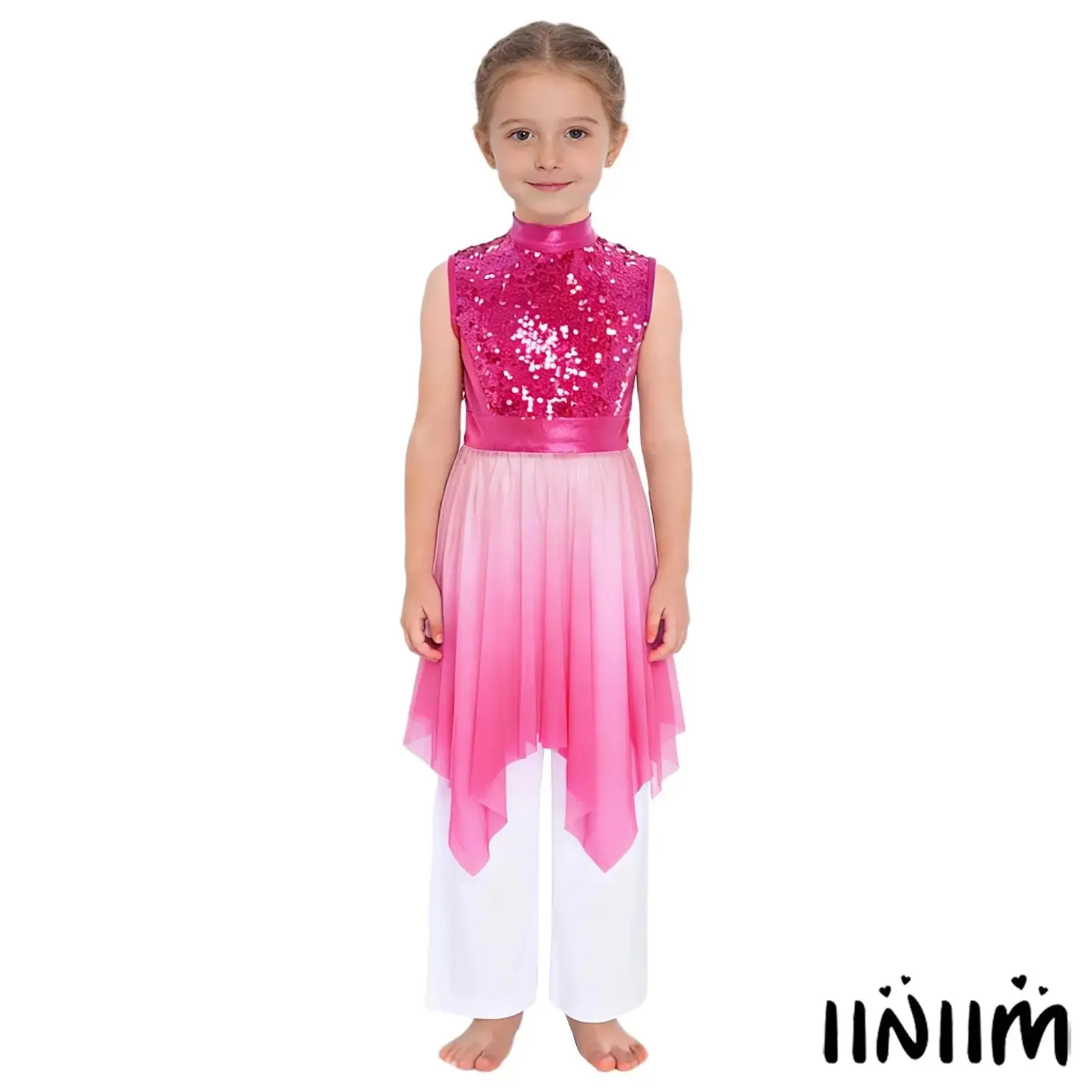 

Girls Church Liturgical Praise Dance Outfits Lyrical Dress Asymmetrical Hem Shiny Sequins Worship Bodice Tunic Robe with Pants