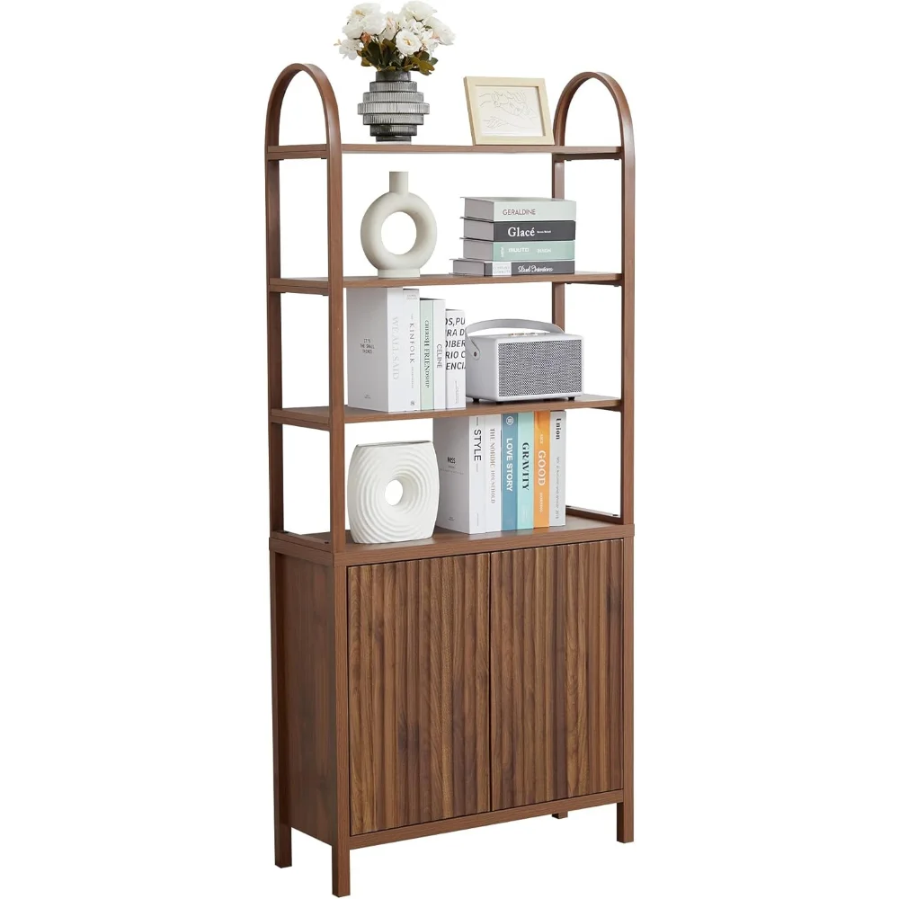 

71” Tall Arched Bookshelf Storage with Fluted Doors, Mid Century Modern 6 Tier Bookshelves, Freestanding Bookcase Cabinet
