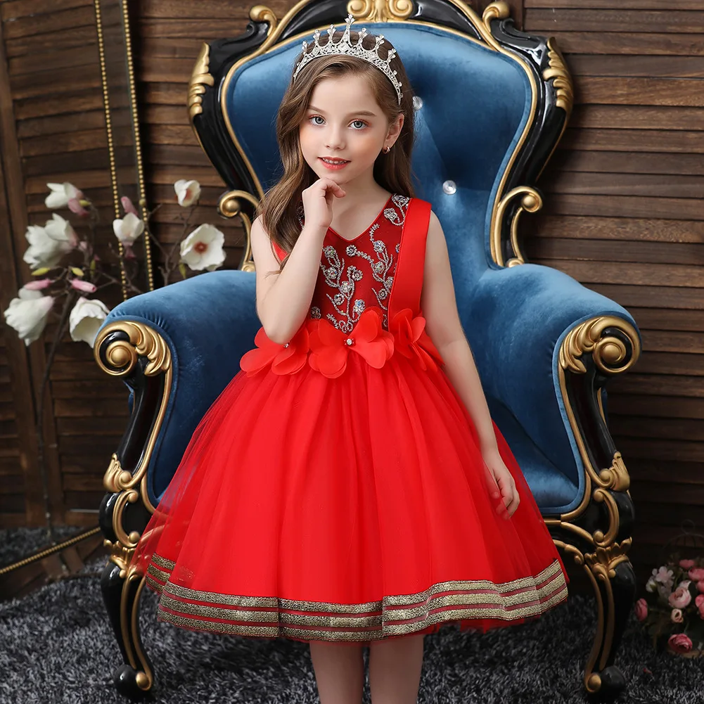 Princess Party Ball Gown Flower Girls Dress V Neck Floral Appliques Tutu Wedding Birthday Girls Dress Tulle Children's Costume