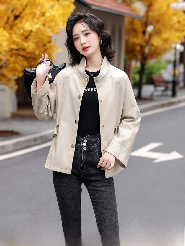 

Ele ort Leather Jaet Women's Slim Fit eepskin Coat Belt Design Autumn New Sle Faionable Commute Sle Coat