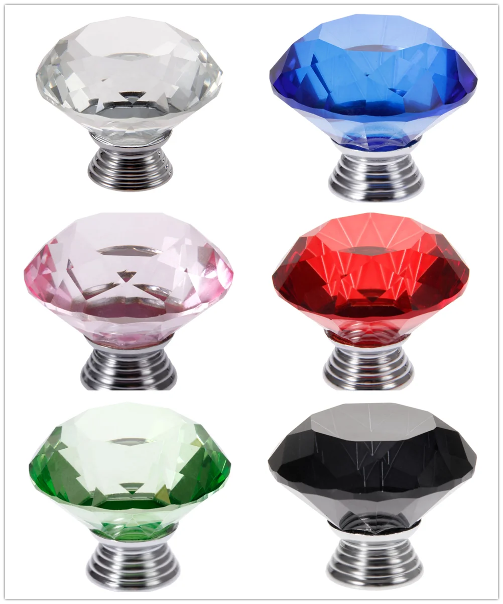 Perilla de cristal con mango de tornillos, 40mm/1,57 pulgadas, cristal transparente de diamante, tirador de muebles de cocina, blanco, azul, rosa, verde, negro y rojo, 1 ud.