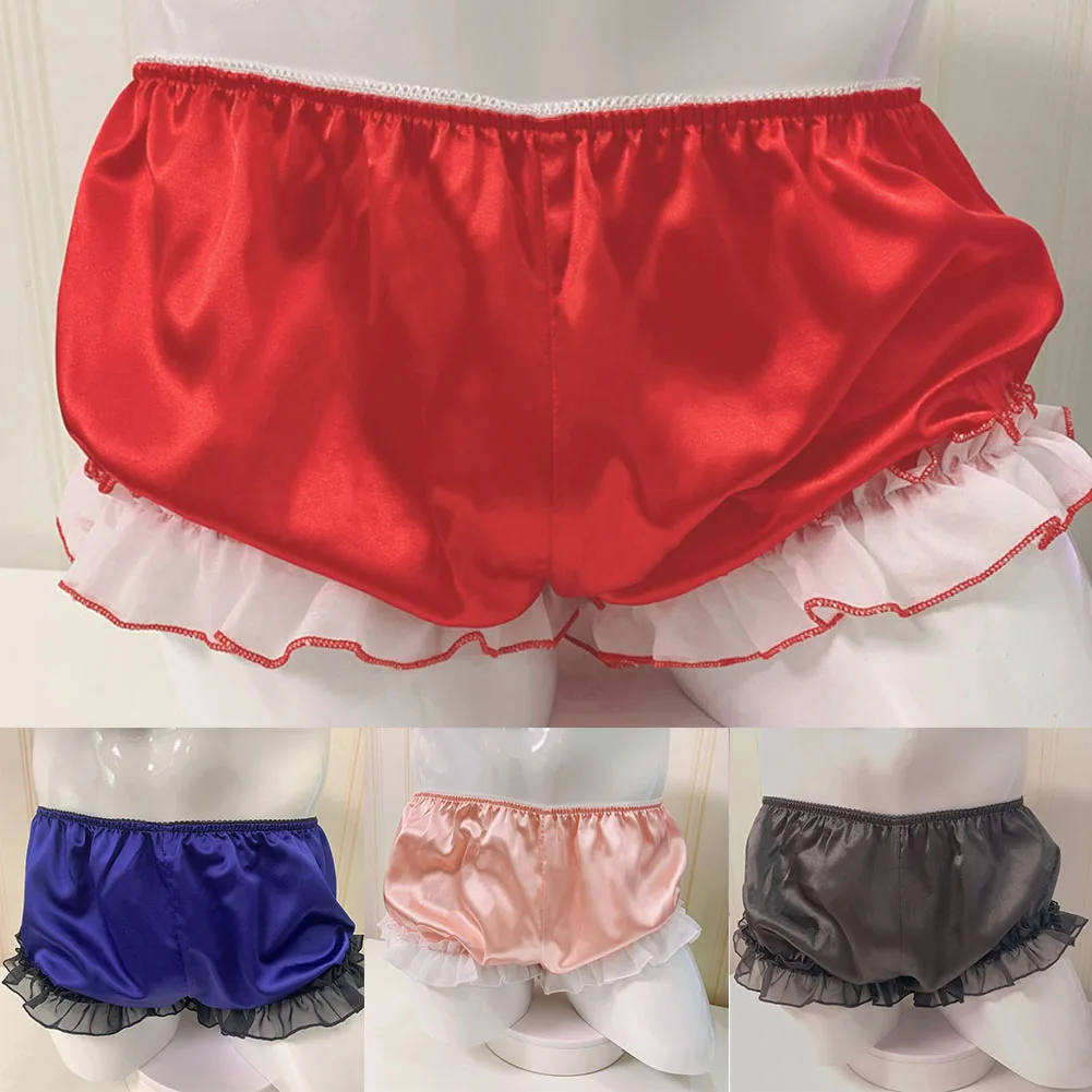 

Sissy Cute Men Shiny Satin Briefs Ruffled Bloomer Tiered Middle Waist Skirted Panties Sleepwear Underwear Underclothes