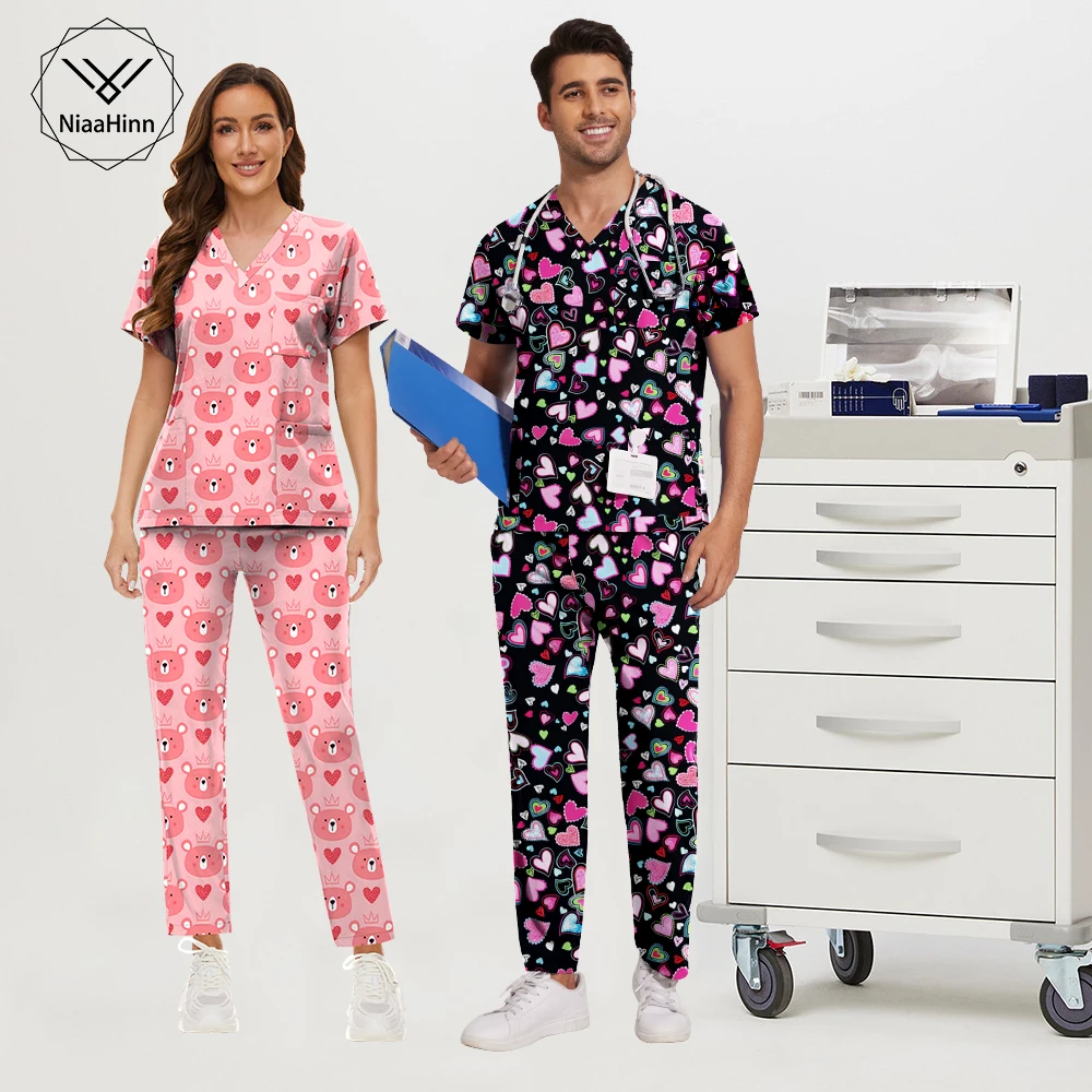 Elastic Printed Veterinary Uniform Nurse Doctor Scrub Sets Women Men Pediatric Healthcare Nursing Nurse Accessories Unisex Scrub