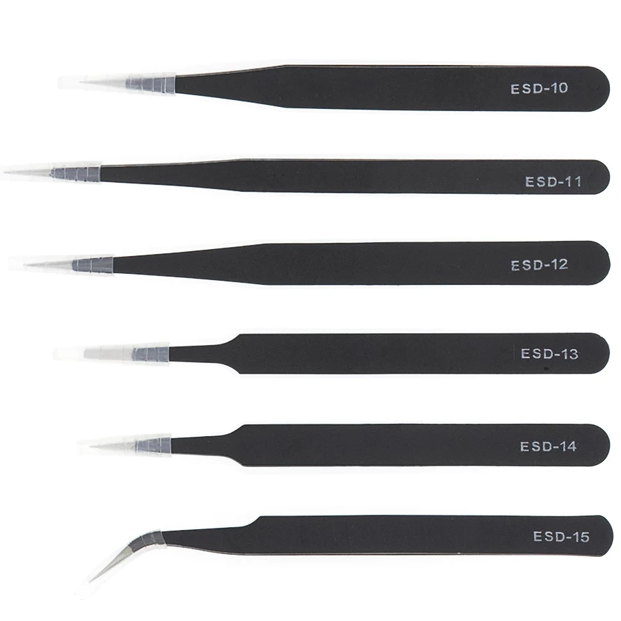 6PCS 1.5mm Industrial Tweezers Anti-Static Stainless Steel Tweezer Set Mobile Phone Repair Tools ESD Precision Tweezer