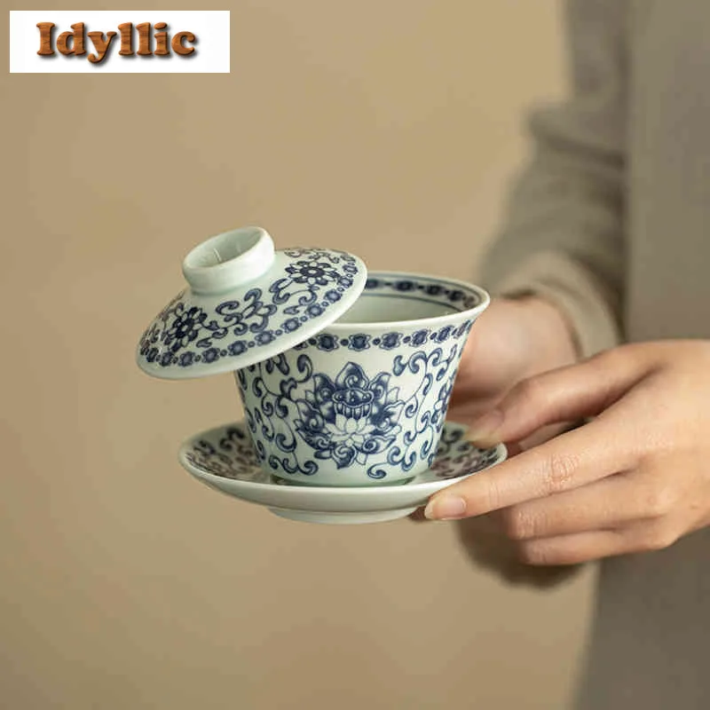

160ml Cyan Glaze Branch Lotus Gaiwan Creative Tea Tureen Tea Bowl With Lid Kit Tea Making Cover Bowl Cha Supplies Ornaments Gift