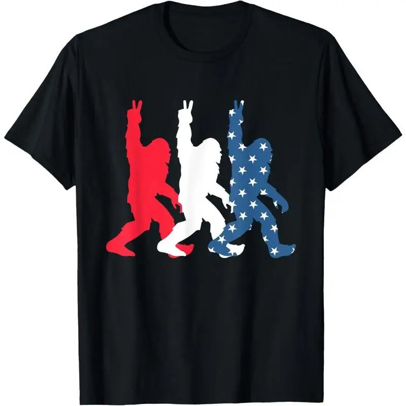 

Bigfoot T-Shirt American Flag Red White Blue Sasquatch Print Short Sleeve Funny Patriotic Humorous Trendy Top Unisex