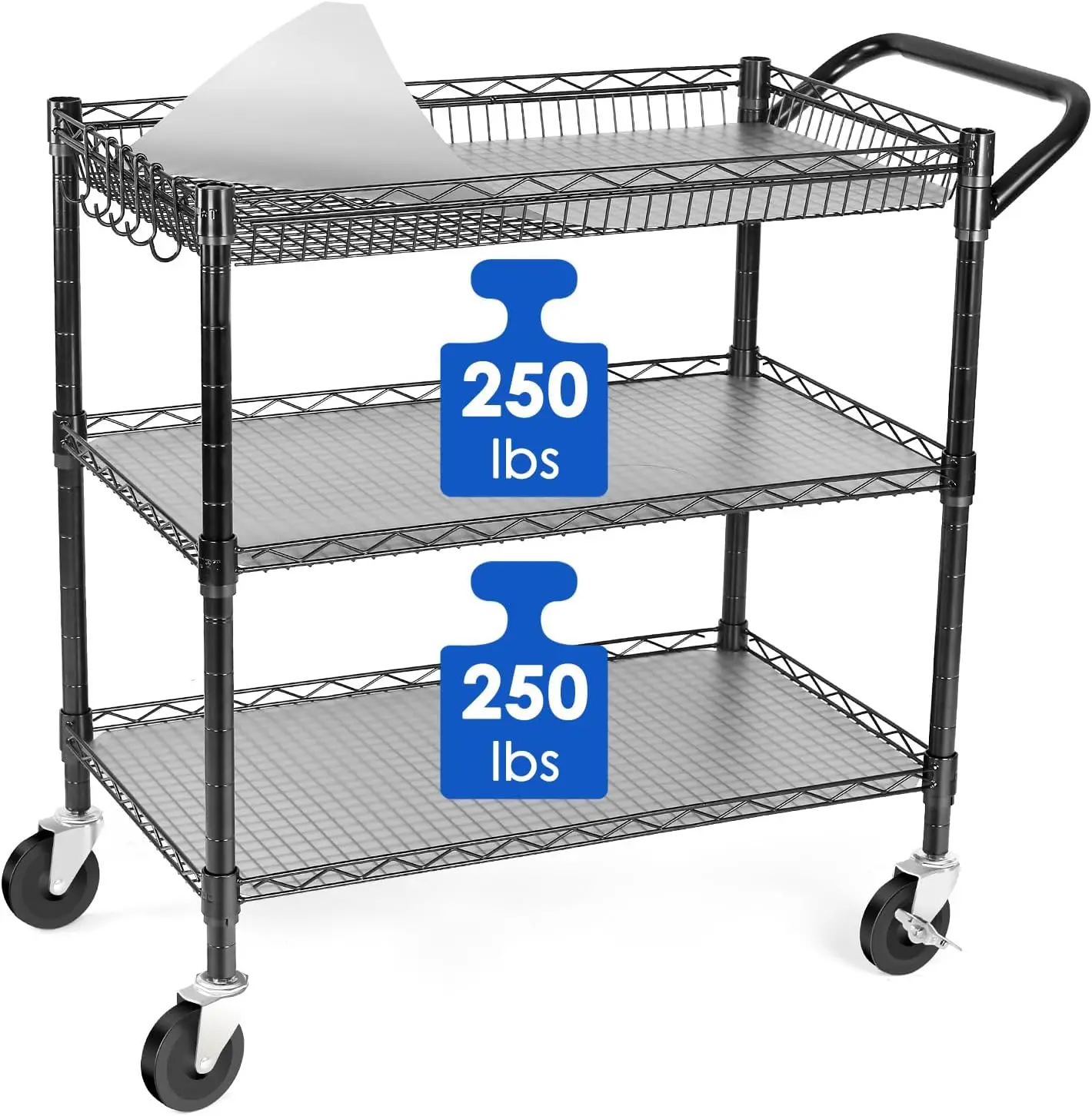 

Heavy Duty 3-Tier Rolling Cart with Wheels, Adjustable Shelves & Locking Brakes - 750LBS Capacity for Kitchen Office Storage