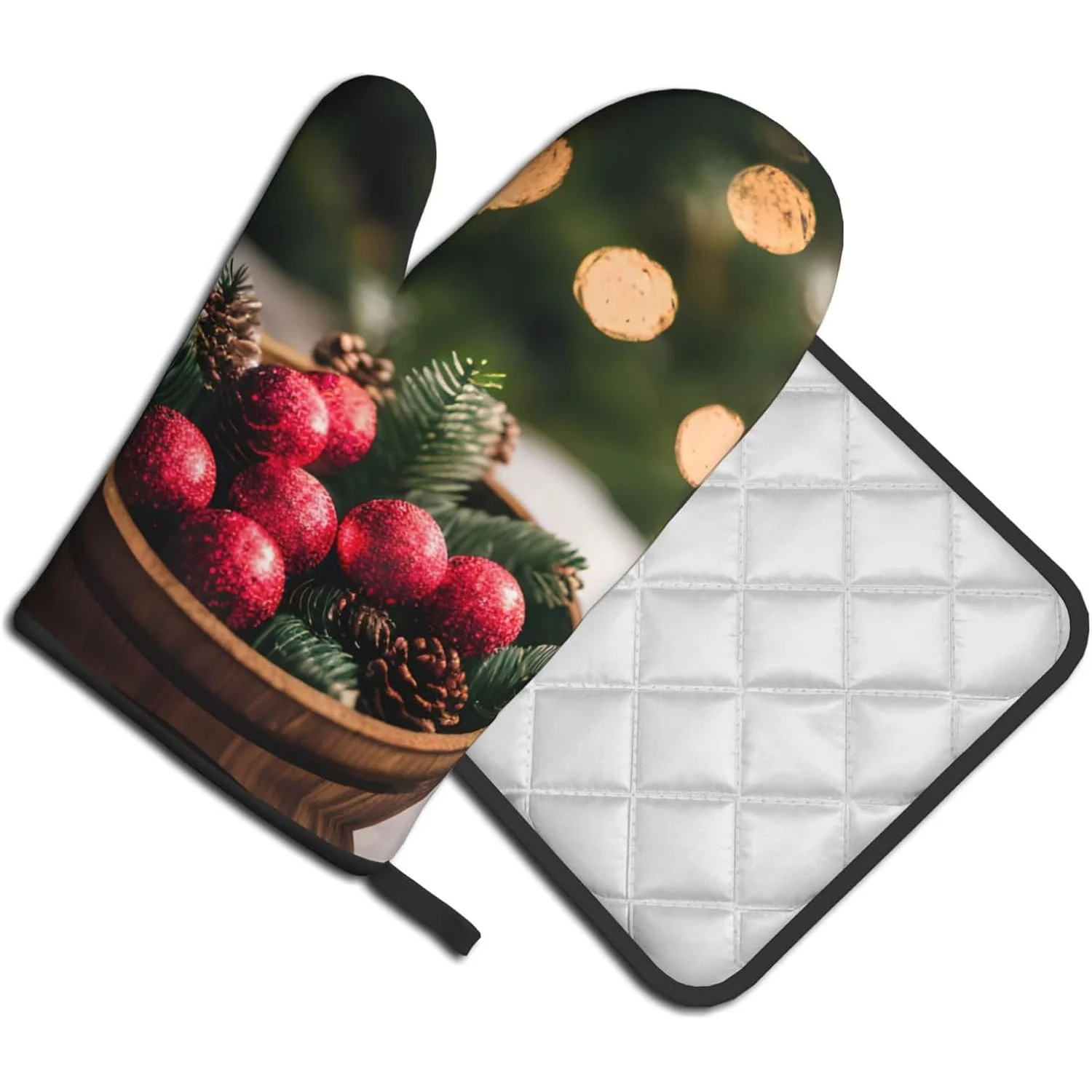 Christmas Kitchen Baking Two-Piece Set - Multipurpose Oven Gloves with Pine Cone Red Berry Design, Durable Polyester