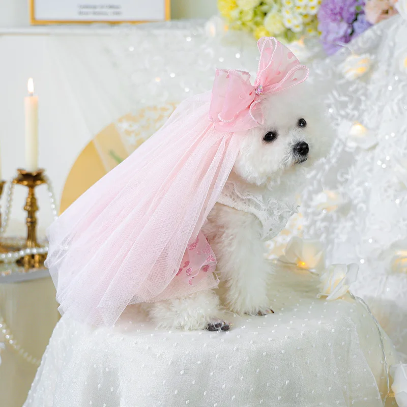 

Pet Dog TUTU Dress Pink Heart Tulle Princess Skirt with Crown Veil, Spring Summer Cute Puppy Girl Wedding Party Outfit
