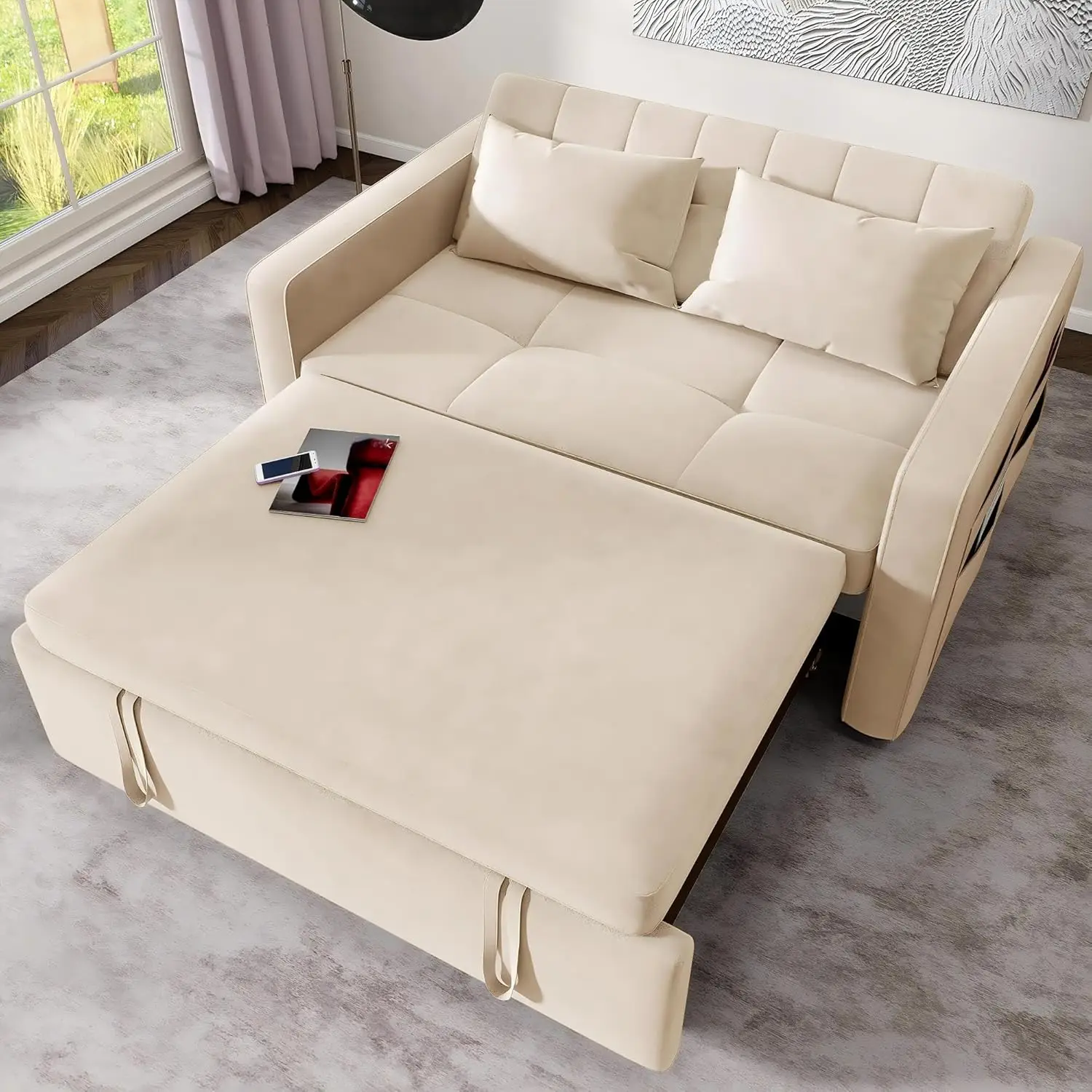 

DWVO 55" Convertible Sofa Bed, 3-in-1 Sleeper Sofa with Pull-Out Bed, Velvet Futon Couch with Adjustable Backrest and Side Pocke